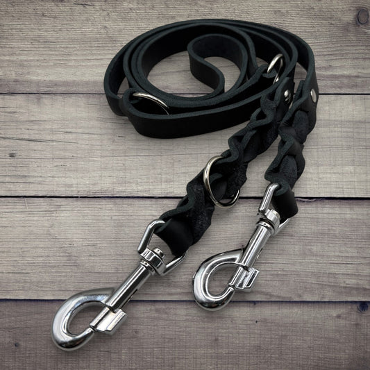 Führleine 20mm | dreifach verstellbar | aus Fettleder | Schwarz - Dinos Pfotenglück